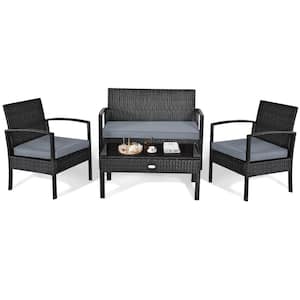 4-Pieces Wicker Patio Conversation Set Coffee Table Sofa with Gray Cushions