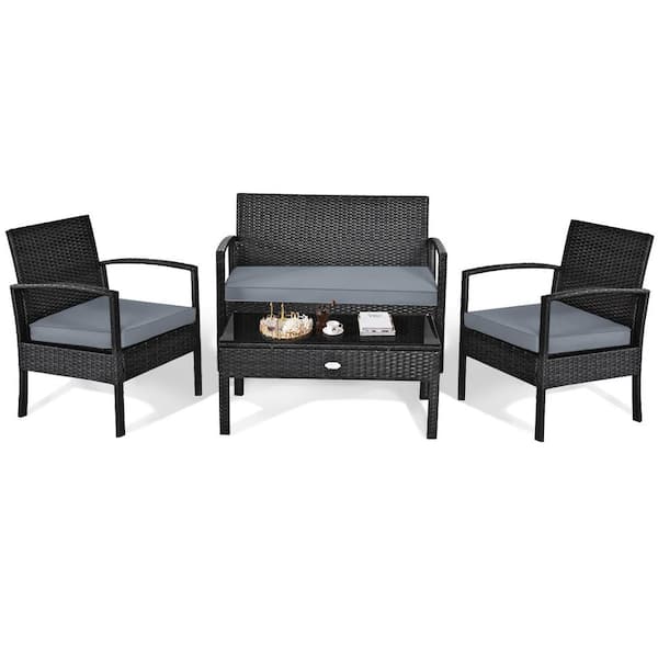 HONEY JOY 4-Pieces Wicker Patio Conversation Set Coffee Table Sofa with Gray Cushions