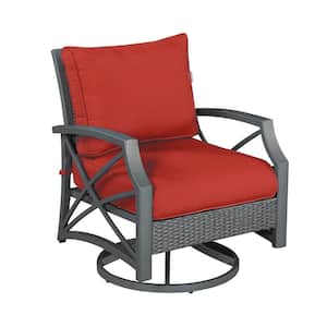 Rattan Wicker Outdoor Swivel Patio Lounge Chair with a Grey Aluminum Frame and Red Cushions