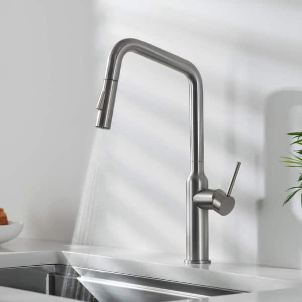 Brushed Gold 17 in. H Single Hole 1.8 GPM Pull Down Sprayer Kitchen Faucet with 360° Spout Swivel, Soap Dispenser