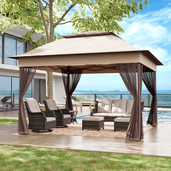 11 ft. x 11 ft. Beige Pop-Up Gazebo with Steel Frame and Mosquito Netting