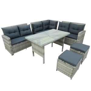 Gray 6-Piece Patio Furniture Set Outdoor Rattan Wicker Conversation Set Sectional Sofa with Table, Ottoman, Gray Cushion