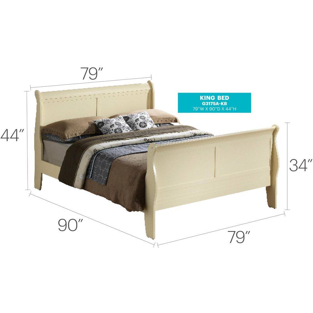 Louis Philippe Beige King Sleigh Wood Bed with High Footboard