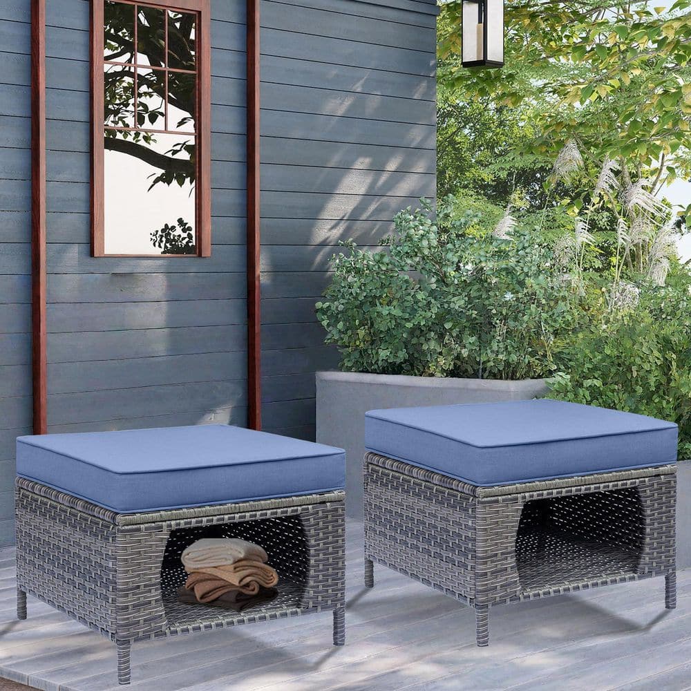 Gray Wicker Outdoor Patio Ottoman with Storage and Denim Blue Cushions (Set of 2) price history