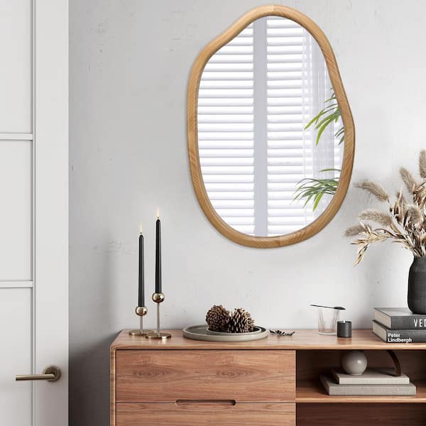 Brown 32 in. W x 22 in. H Irregular Wavy Wood Framed Wall Mirror,Abstract Asymmetrical Decorative Mirror for Living Room