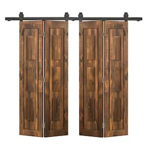 48 in. x 80 in. 3 Panel Shaker Hollow Core Walnut Pine Wood Double Bi-fold Door with Barn Door Hardware Kit