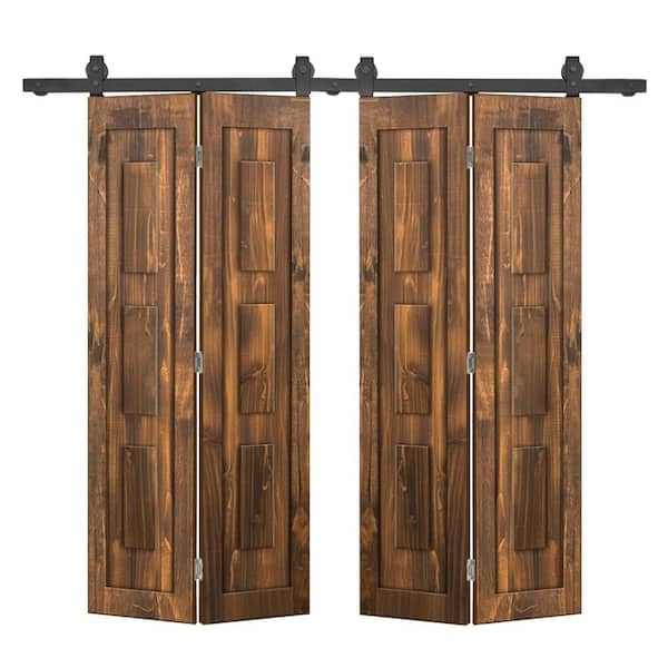 CALHOME 52 in. x 80 in. 3-Panel Shaker Hollow Core Walnut Pine Wood Double Bi-Fold Door with Barn Door Hardware Kit
