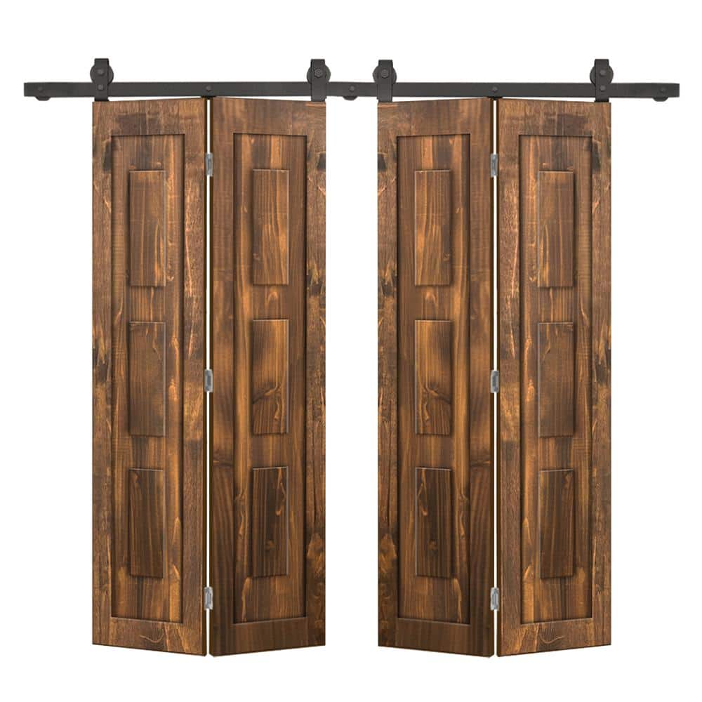 68 in. x 84 in. 3 Panel Shaker Hollow Core Walnut Pine Wood Double Bi-fold Door with Barn Door Hardware Kit price history on PriceWatchPro
