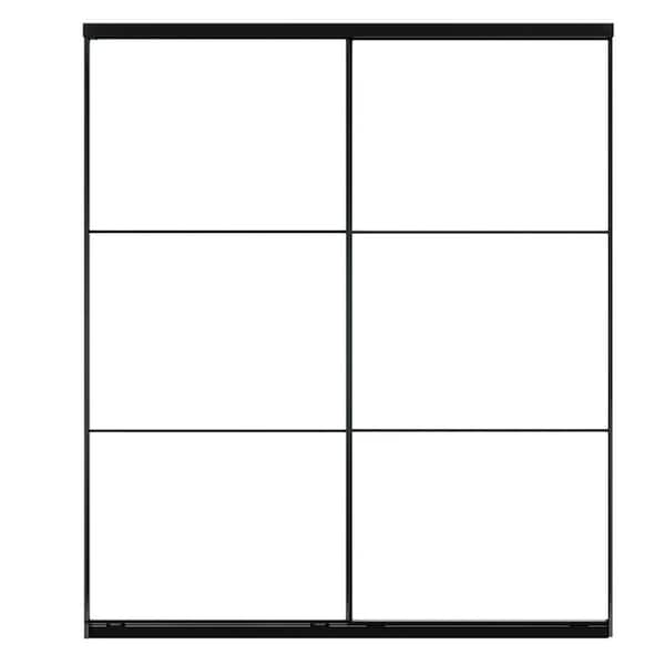 72 in. x 96 in. 3-Lite White MDF Board Interior Closet Doors with Black Aluminum Frame Sliding Door With Hardware Kit