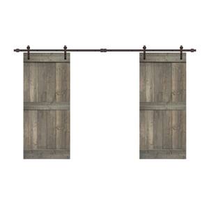 72 in. x 84 in. Mid-Bar Series Weather Gray Stained Solid Pine Wood Interior Double Sliding Barn Door with Hardware Kit