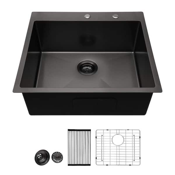 25 in. Gunmetal Black Drop in Sink Single Bowl 16-Gauge Stainless Steel Kitchen Sink with Bottom Grid