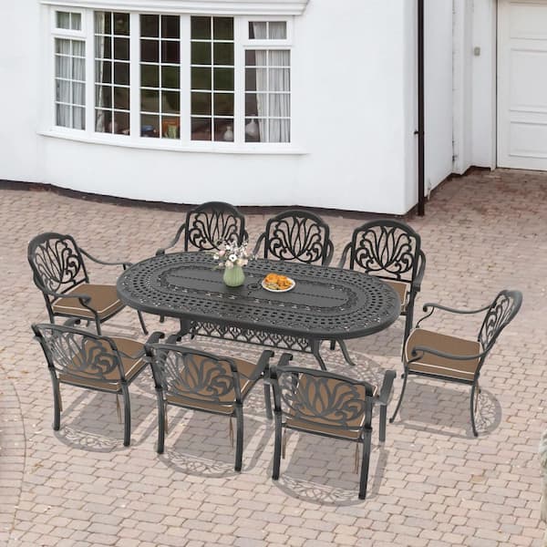 Willit Elizabeth Black 9-Piece Cast Aluminum Outdoor Dining Set with Oval Table and Dining Chairs and Random Color Seat Cushion