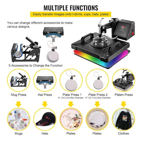 Combo Kit Sublimation Swing away 5 in 1 Heat Press Machine For T-Shirts 12"x15" 