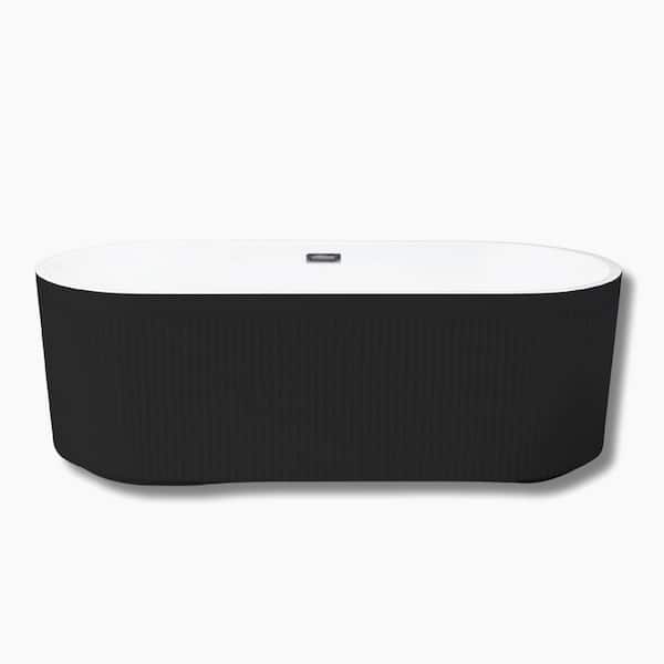 67in x 29. 5in Pleated Design Acrylic Freestanding Soaking Bathtub with Chrome Overflow and Pop-Up Drain in Black