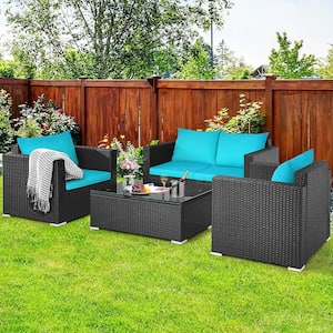 Black 4-Piece Wicker Patio Conversation Set with Turquoise Cushions