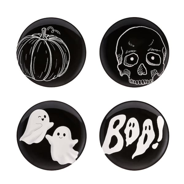 8.75 in. Black Halloween Cute Ceramic Salad Plates, Microwave and Dishwasher Safe for Tapas, Appetizer (Set of 4)