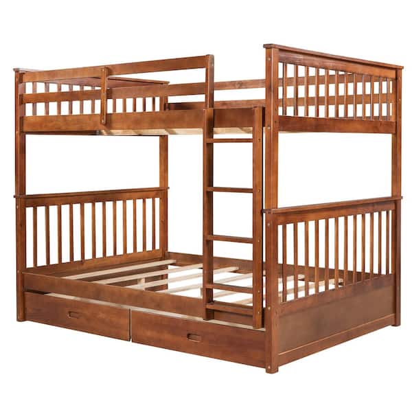 Polibi Walnut Full-Over-Full Bunk Bed with Ladders and 2-Storage Drawers
