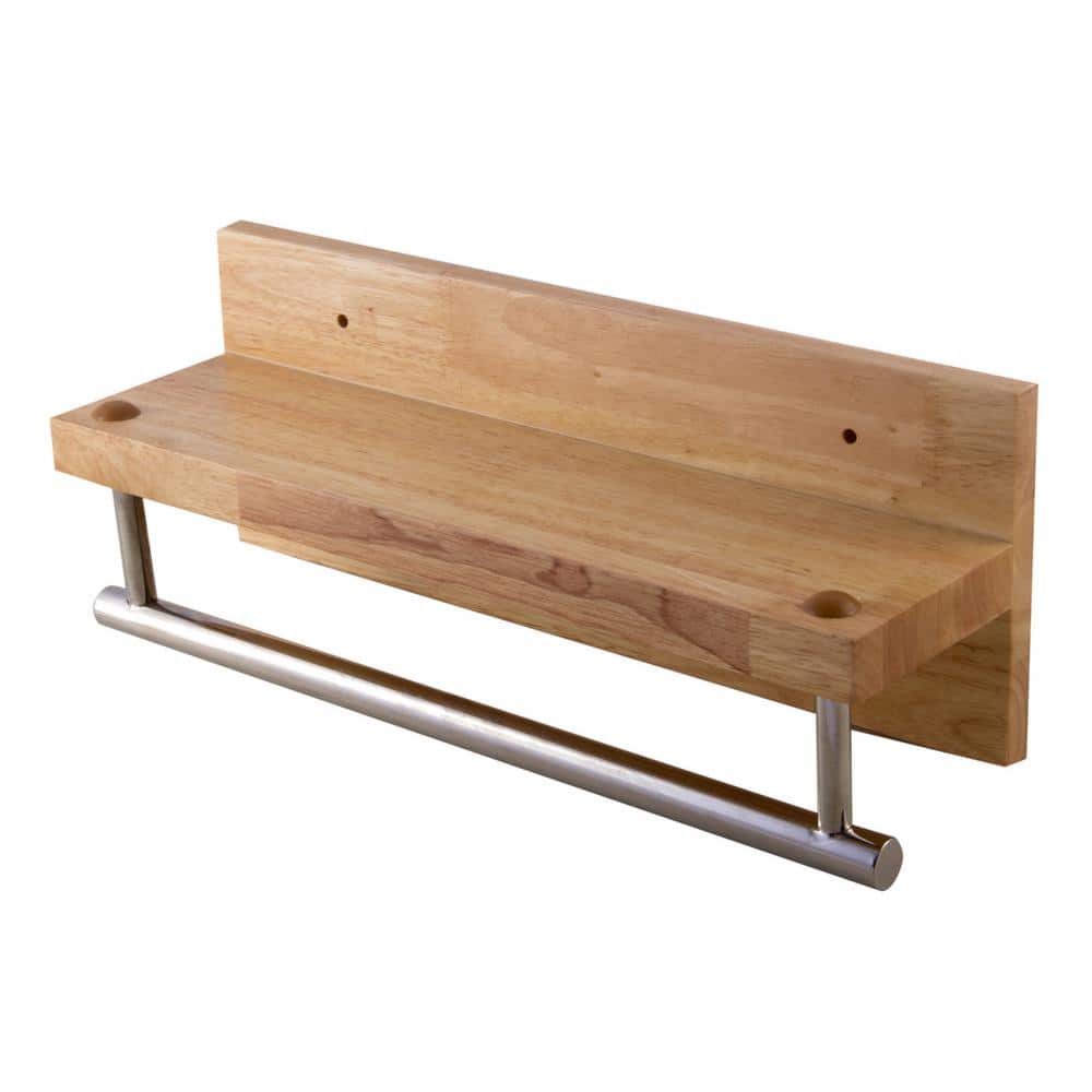 Natural Wood Wall Shelf with Chrome Towel Bar