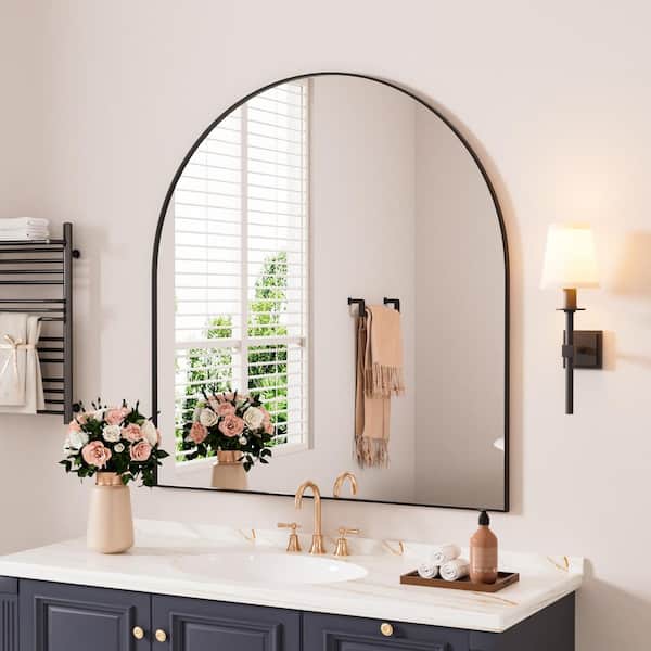Black 32 in W x 34 in. H Modern Arched Metal Wall Mirror for Living Room Bedroom Mantel Entryway Hallways