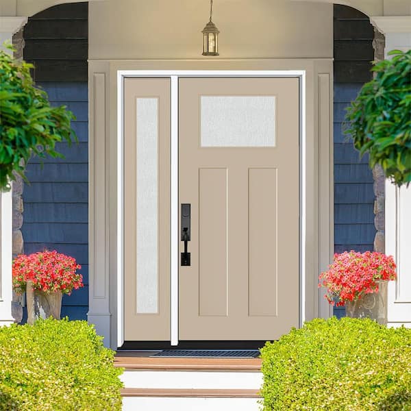 Legacy 53 in. x 80 in. 1/4 Toplite Rain Glass RHIS Primed Sandstone Finish Fiberglass Prehung Front Door w/14 in. SL