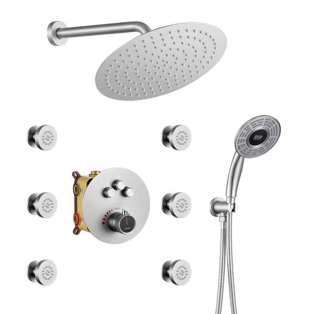 Brushed Nickel Thermostatic Rain Shower System with Digital Display