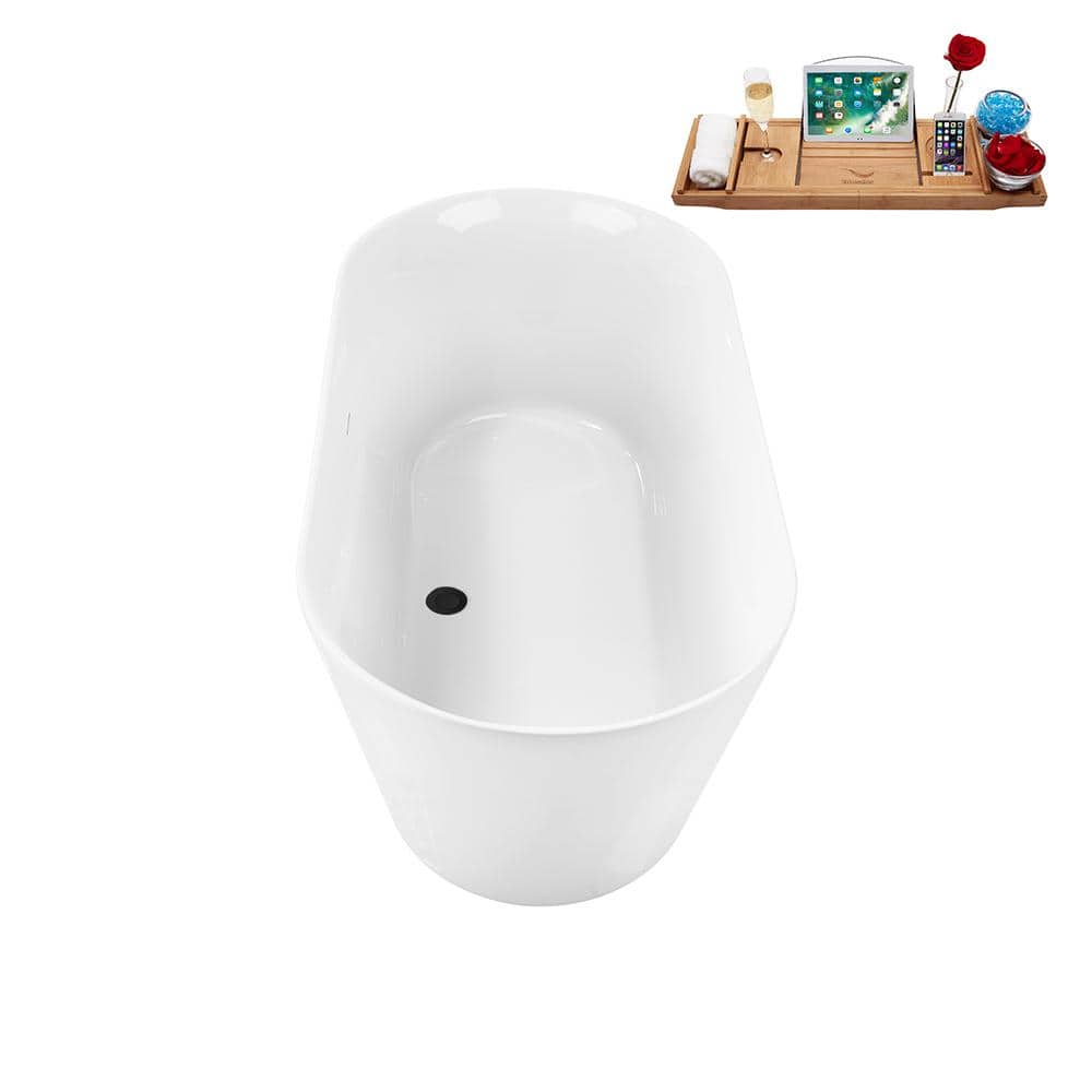 59'' Glossy White Acrylic Freestanding Soaking Bathtub with Matte Black Drain