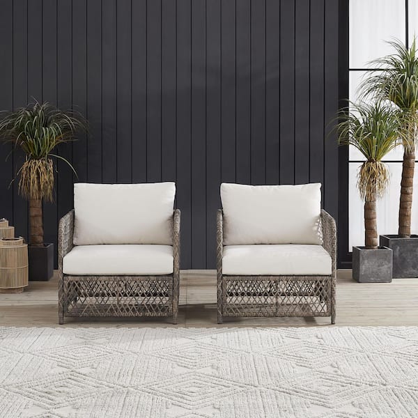 CROSLEY FURNITURE Granite Bay Stone Wicker Outdoor Lounge Chair with Creme Cushions (2-Pack)