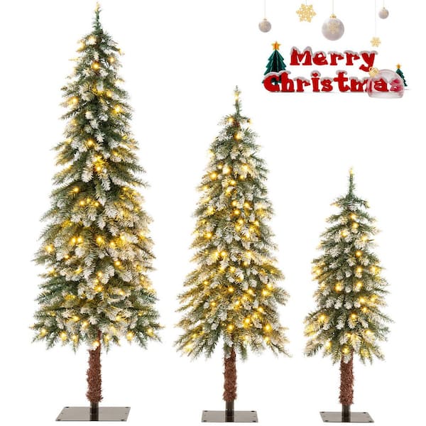 ANGELES HOME 3- Pieces Slim Prelit Snow-Flocked Artificial Xmas Christmas Tree with Stand ( 3/4/5 ft.)