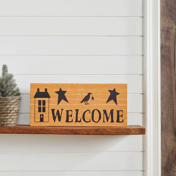 Prim Stars 7 in. x 16 in. Raven Saltbox House Mustard Base Welcome MDF Wall Art