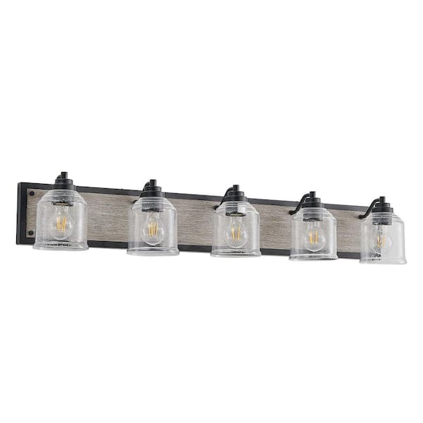 40.2 in. 5 Light Metal Black and Wood Grain Bathroom Vanity Light Wall Sconce with Clear Granular Glass Shade (No Bulbs)