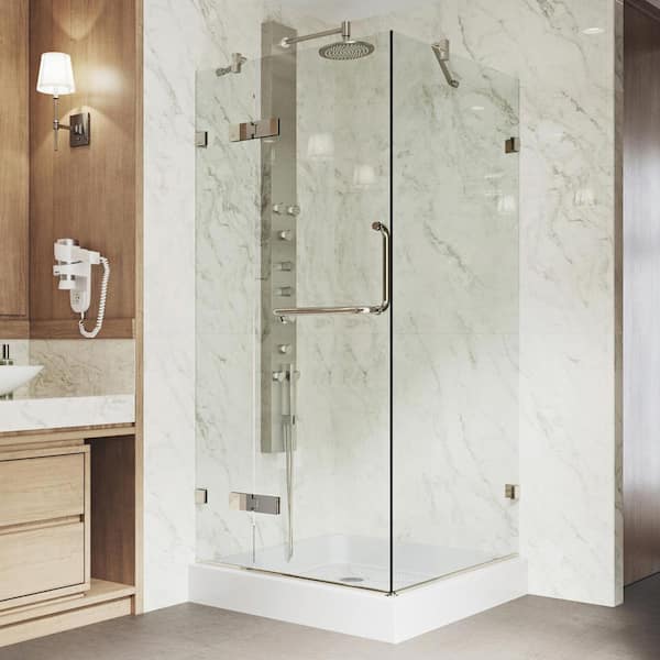 VIGO Monteray 32 in. L x 32 in. W x 79 in. H Frameless Pivot Square Shower Enclosure Kit in Brushed Nickel with Clear Glass