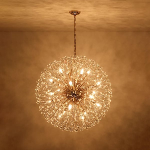 35.43 in. 20-Light Gold Sputnik Sphere Pendant Dimmable Crystal Chandelier