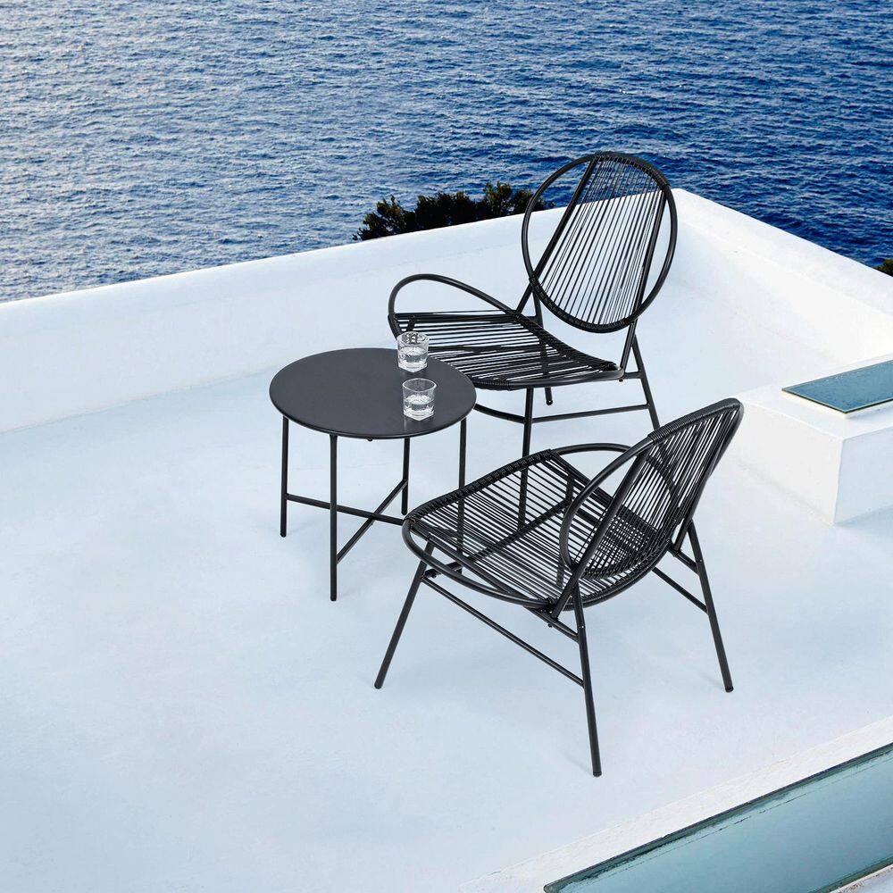 Set of 3 Black Patio Conversation Sets Metal Chair and End Table with Outdoor Weatherproof PE Rattan price history on PriceWatchPro