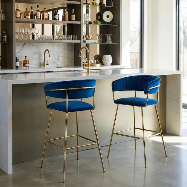 Anya Blue Velvet Bar Stool with Golden Metal Legs (Set of 2)