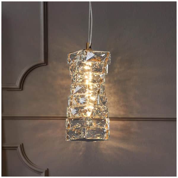 Modern 1-light Plating Brass Integrated LED Pendant Light with Cylinder Crystal Shade, Glam Dining Room Chandelier