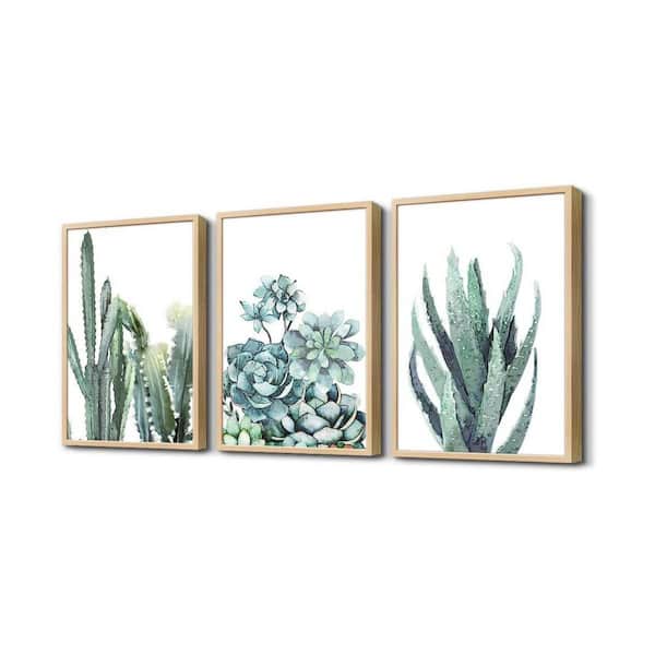 Unbranded 3 Piece Natural Wood Framed Green Plant Flowers Wall Canvas Art Prints 16 in. x 12 in.