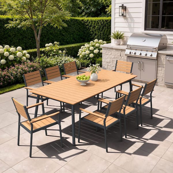 9 piece patio set with umbrella Stinson 9-Piece HDPE Outdoor Furniture Dining Table Umbrell this set transforms any outdoor space into a welcoming retreat. Watnature Patio Sets 9 Piece