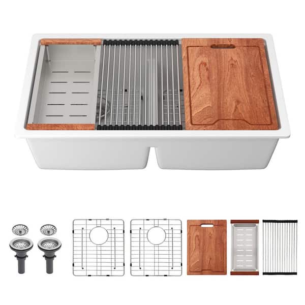 33 in. Undermount Quartz/Granite Composite 50/50 Split Double Bowl Kitchen Sink Workstation in White with Accessories