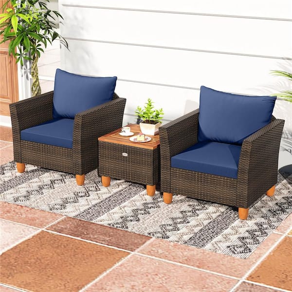 3-Piece Wicker Patio Conversation Set Wooden Table Top with Navy Cushions