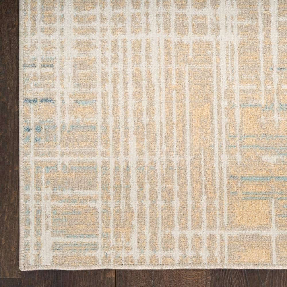 Beige Blue Abstract Polyester Machine Washable Runner Rug