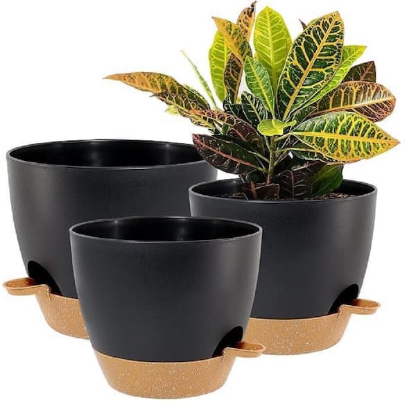 ITOPFOX Garden 10 in. L x 10 in. W x 7.3 in. H Black with Brown Plastic Round Indoor Planter (3-Pack)