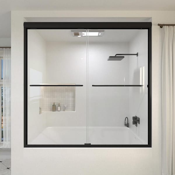 Akoasm 60 in. W x 56 in. H Sliding Bath Tub Door in Semi Frameless in Matte Black with Clear Glass