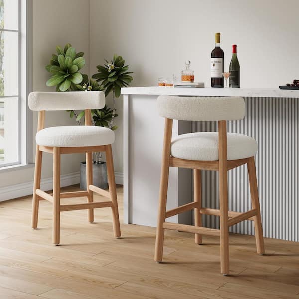 35.75 in. H Natural and Beige Solid Rubber Wood Frame Counter Bar Stool Set of 2 with Curved Back, Crossbars