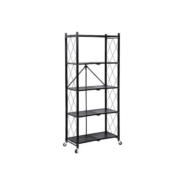 Amucolo Black 5-Tier Heavy Duty Foldable Metal Storage Shelving Unit with Wheels(28.03 in. W x 63.78 in. H x 13.43 in. D)
