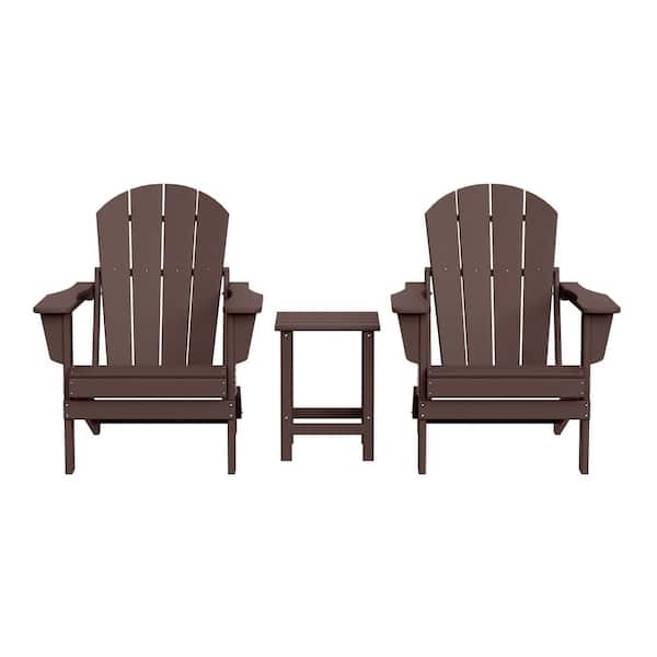 Laguna 3-Piece Fade Resistant Outdoor Patio HDPE Poly Plastic Folding Adirondack Chair Set with Side Table in Dark Brown