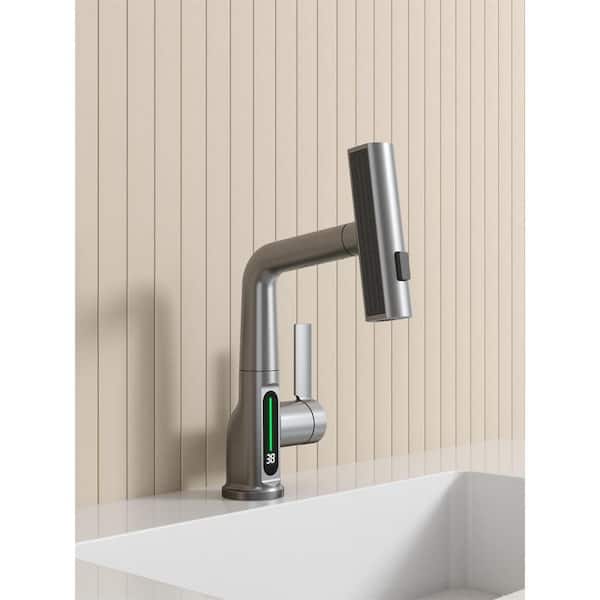 1-Piece 3-in-1 LED Temperature Bath Hardware Set Sink Faucet with Mounting Hardware in Gray