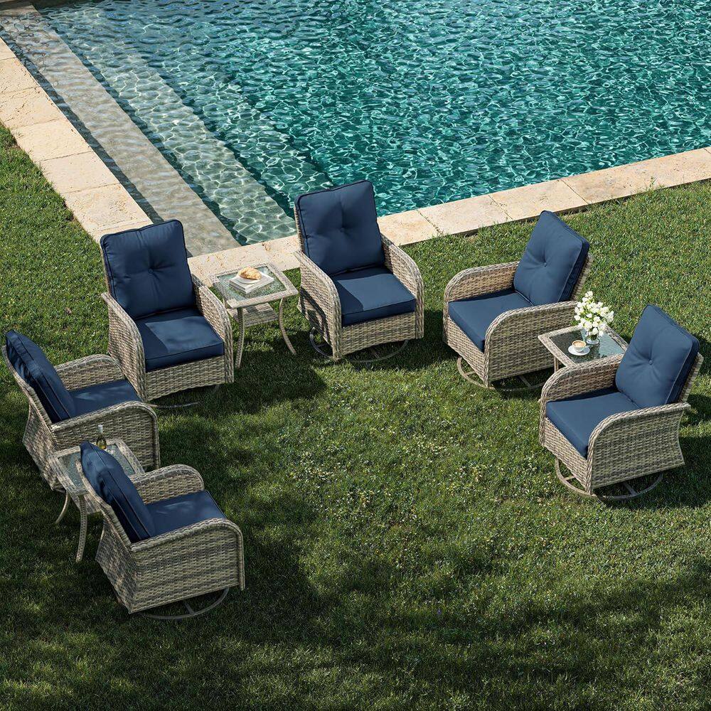 9-Piece Wicker Swivel Outdoor Patio Conversation Set with Navy Blue Cushions (6-Rocking Chairs & 3-Side Tables) price history on PriceWatchPro