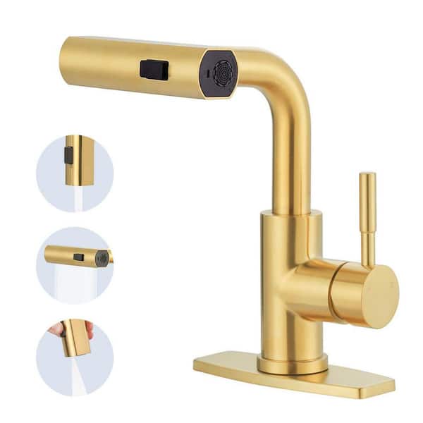 Modern Single Handle Bar Faucet Deckplate Included with Pull-Out Sprayer in Gold