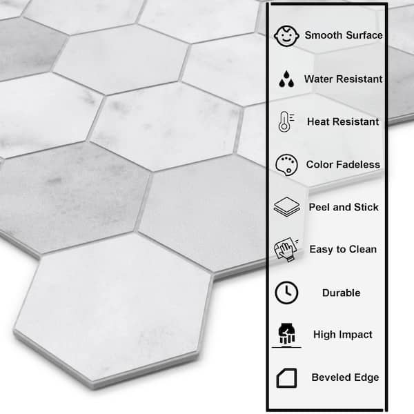 Honeycomb 11.3 in. x 11.4 in. Hexagon Carrara White Stone Composite Peel and Stick Backsplash Wall Tile (10-Pack)