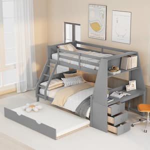 Gray Twin Over Full Wood Bunk Bed with Built-in Desk and Trundle